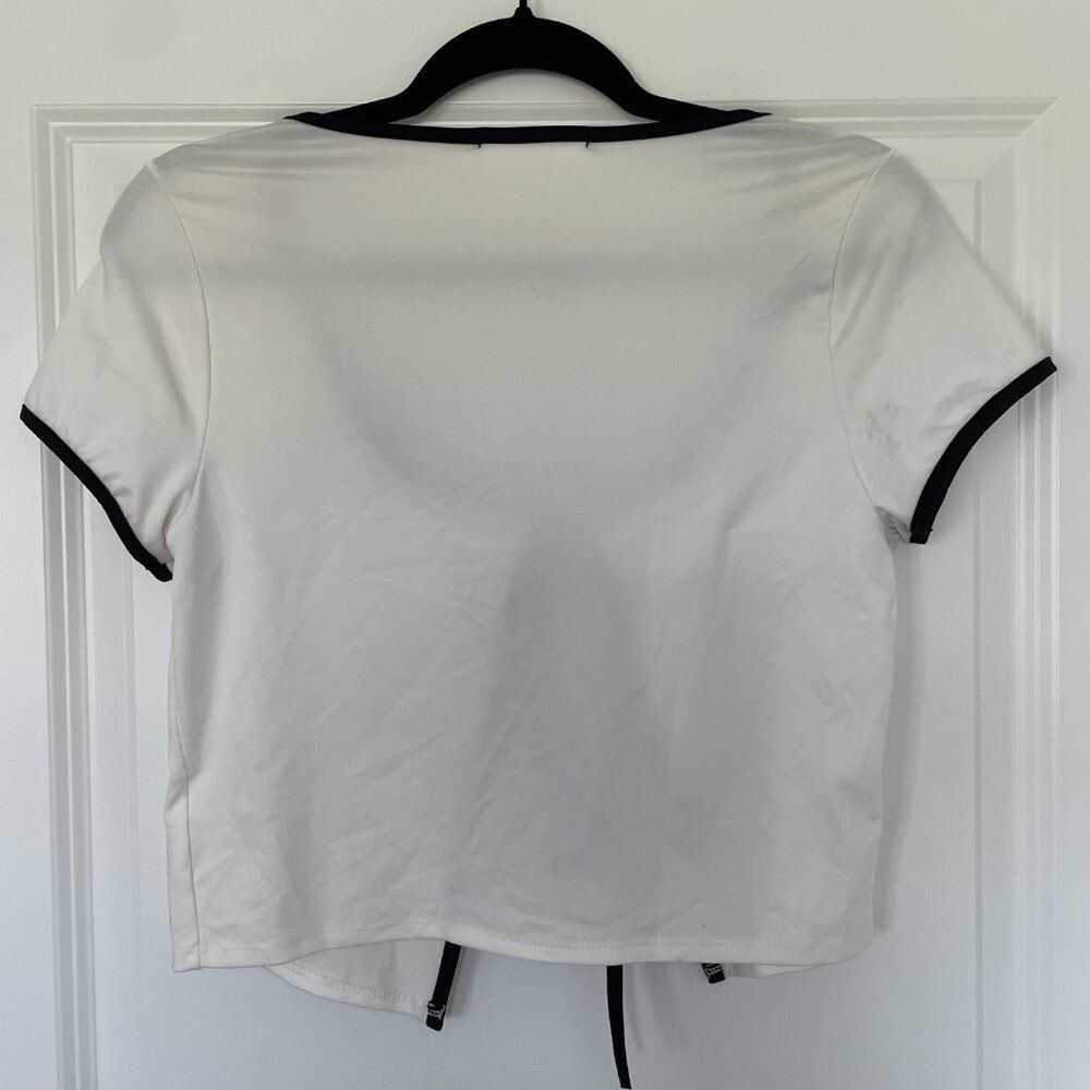 Gaze Crop Top Women L Black White Striped Double Tie Front Blouse Long Sleeve - Picture 3 of 8